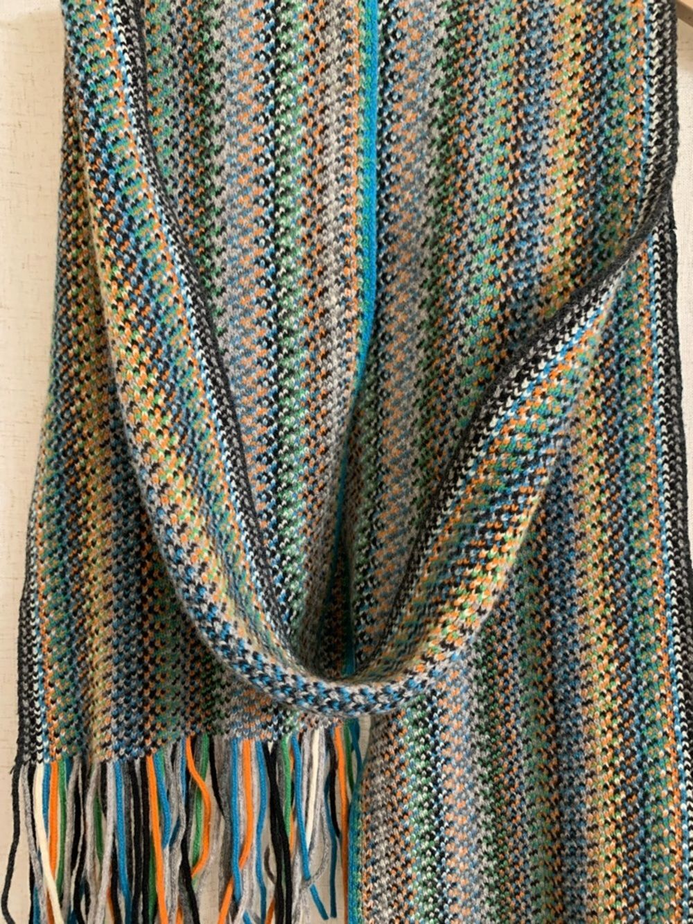 Johnstons of Elgin 100% Lambswool Scotland Striped Multicolor Knit Scarf Fringe - Picture 2 of 5